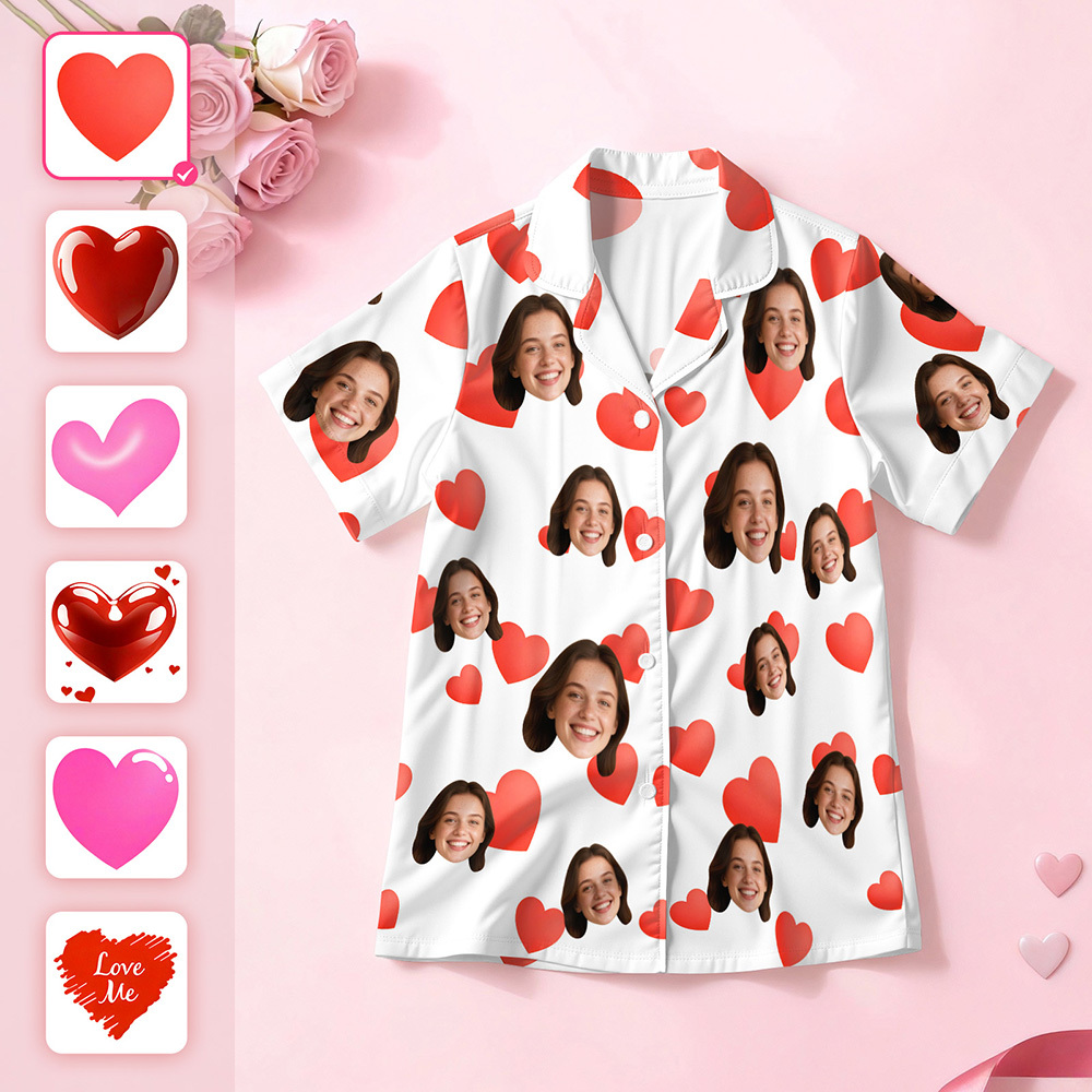 Personalised Face Short Sleeve Pajamas Custom Heart Face Couple Sleepwear Valentine Love Gifts For Him - MyPhotoSocksAu