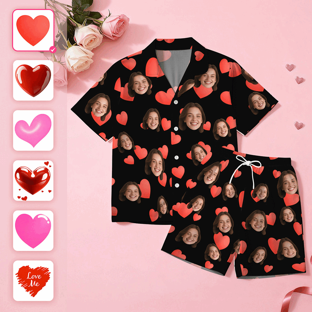 Personalised Face Short Sleeve Pajamas Custom Heart Face Couple Sleepwear Valentine Love Gifts For Him - MyPhotoSocksAu