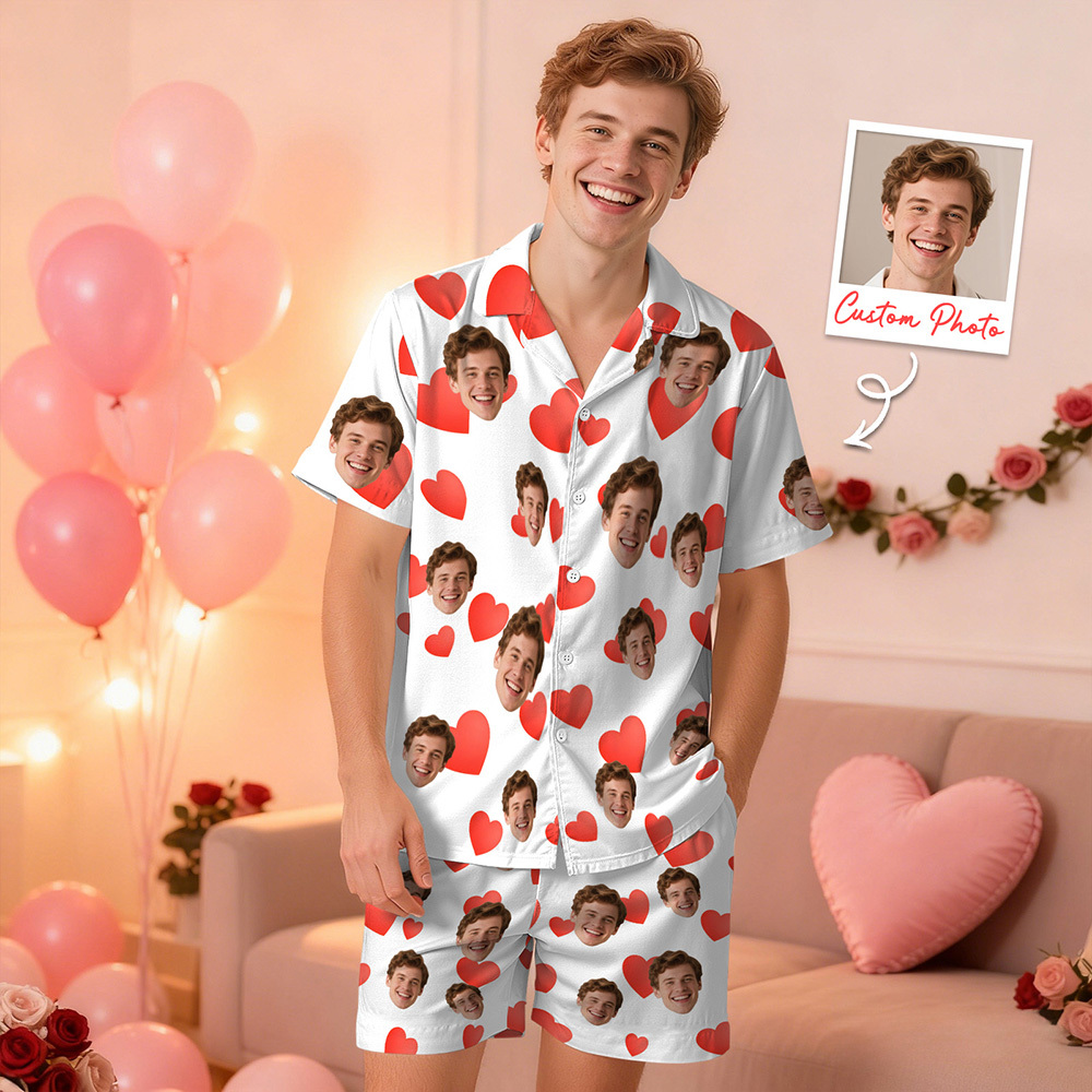Personalised Face Short Sleeve Pajamas Custom Heart Face Couple Sleepwear Valentine Love Gifts For Him - MyPhotoSocksAu