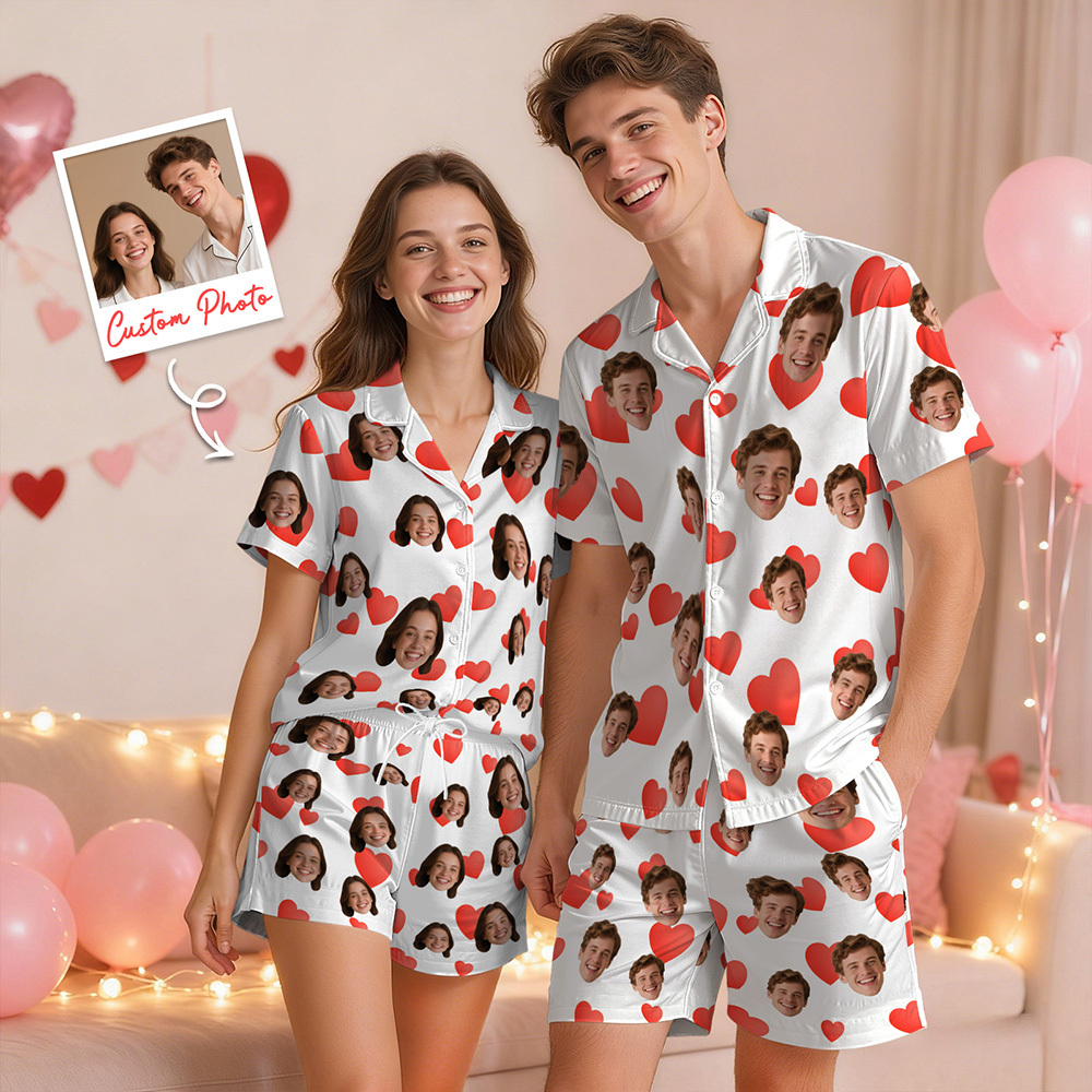 Personalised Face Short Sleeve Pajamas Custom Heart Face Couple Sleepwear Valentine Love Gifts For Him - MyPhotoSocksAu