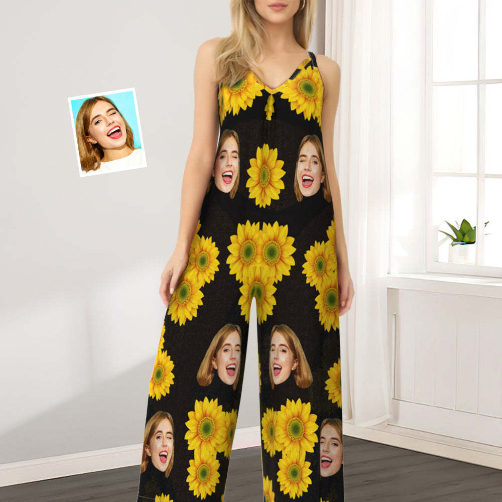 Custom Face Loose Jumpsuit Sunflower Wide Leg Rompers - My Photo Socks AU