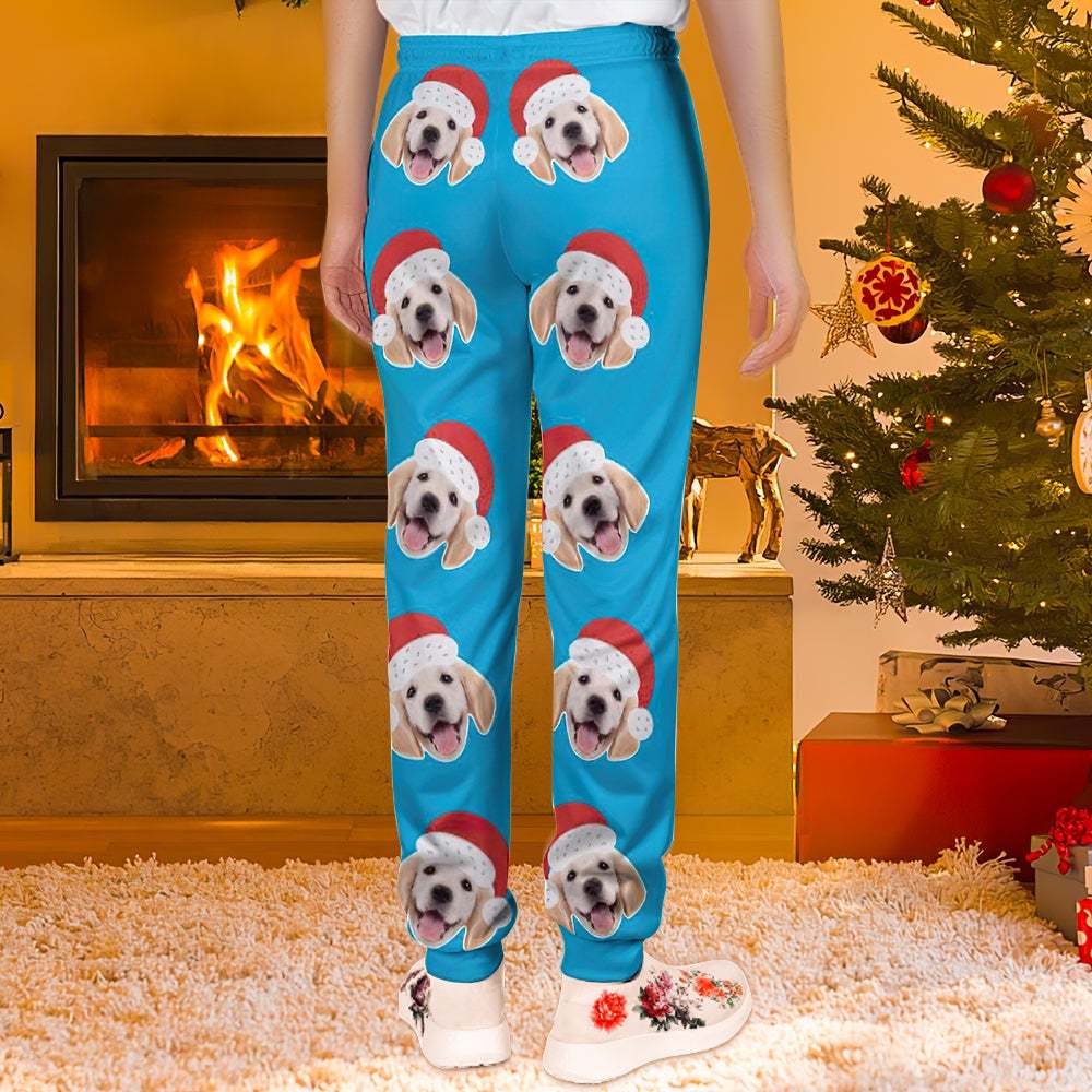 Custom Face Sweatpants Unisex Joggers with Christmas Hat Christmas Gift