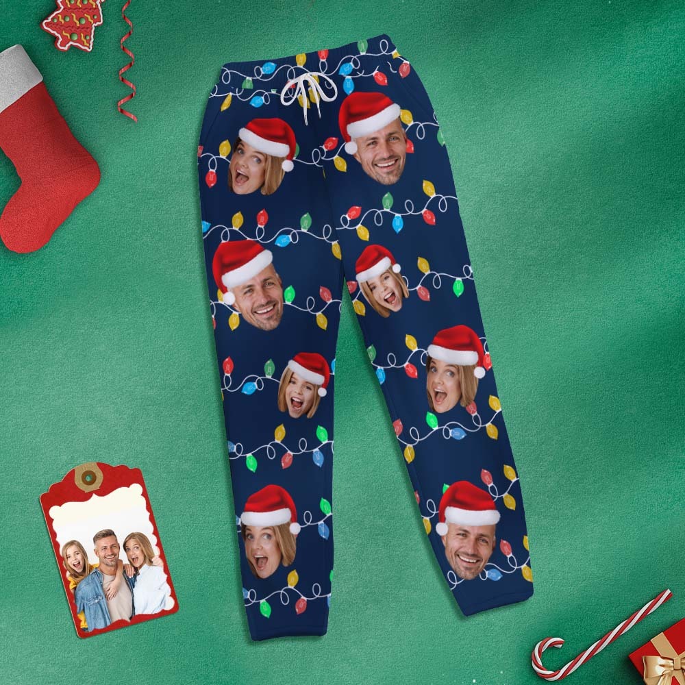 Custom Face Sweatpants Personalized Photo Christmas Family Xmas Leds Golf Pants for Him - My Photo Socks AU