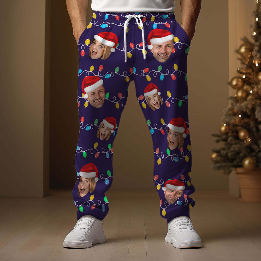 Custom Face Sweatpants Personalized Photo Christmas Family Xmas Leds Golf Pants for Him - My Photo Socks AU