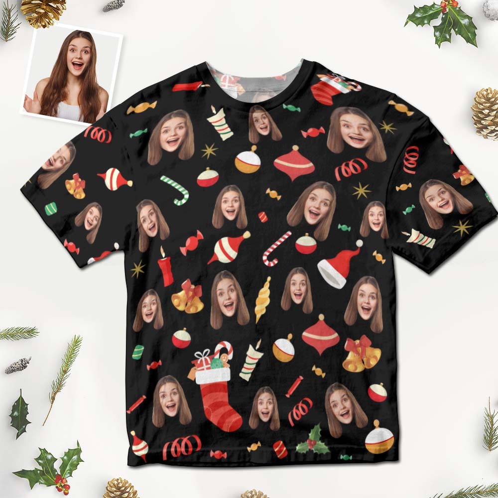 Custom Face T-shirt Christmas Gifts Cute Christmas Candy Christmas T-shirt - My Photo Socks AU