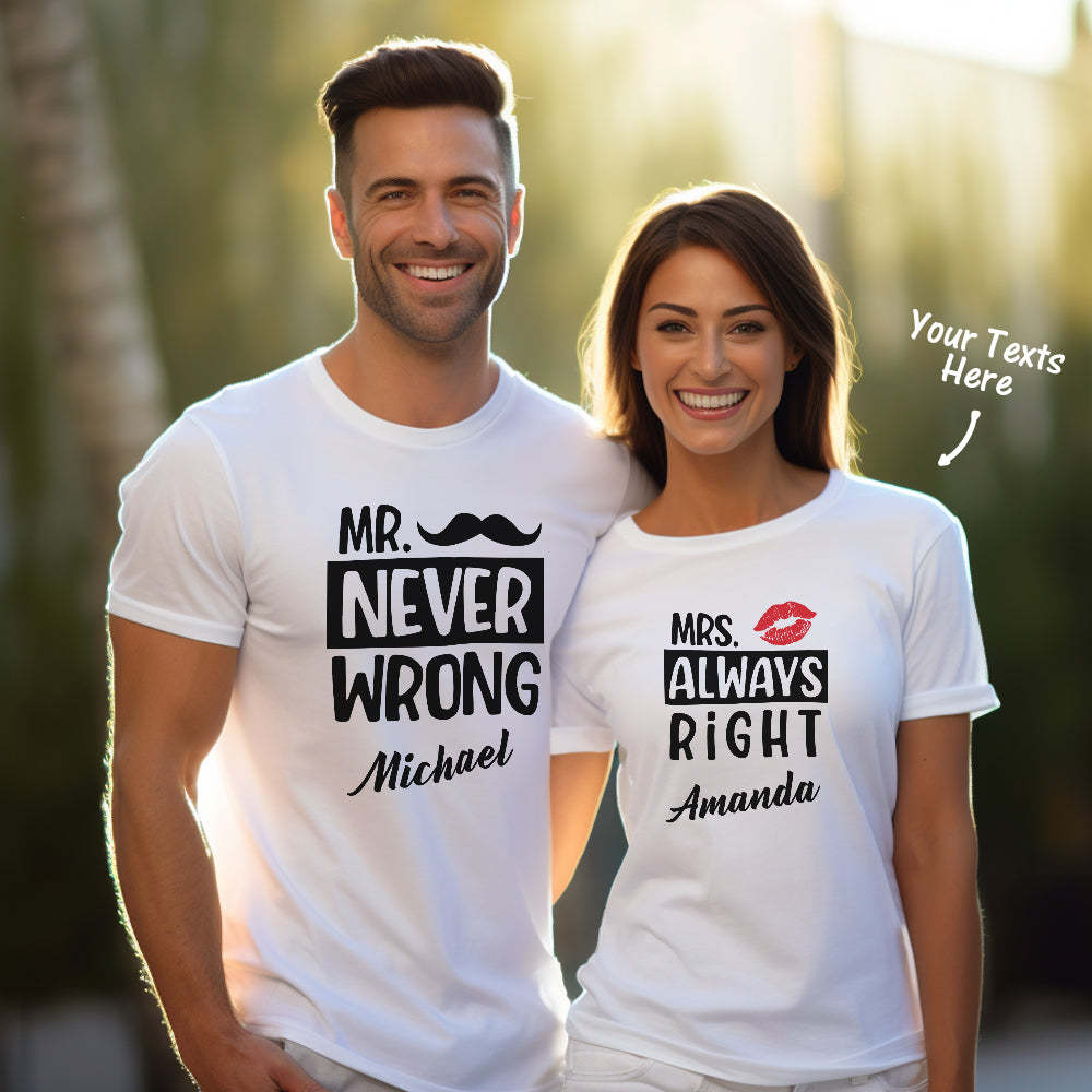 Custom Couple Matching T-shirts Mr Never Wrong and Mrs Always Right Valentine's Day Gift - My Photo Socks AU