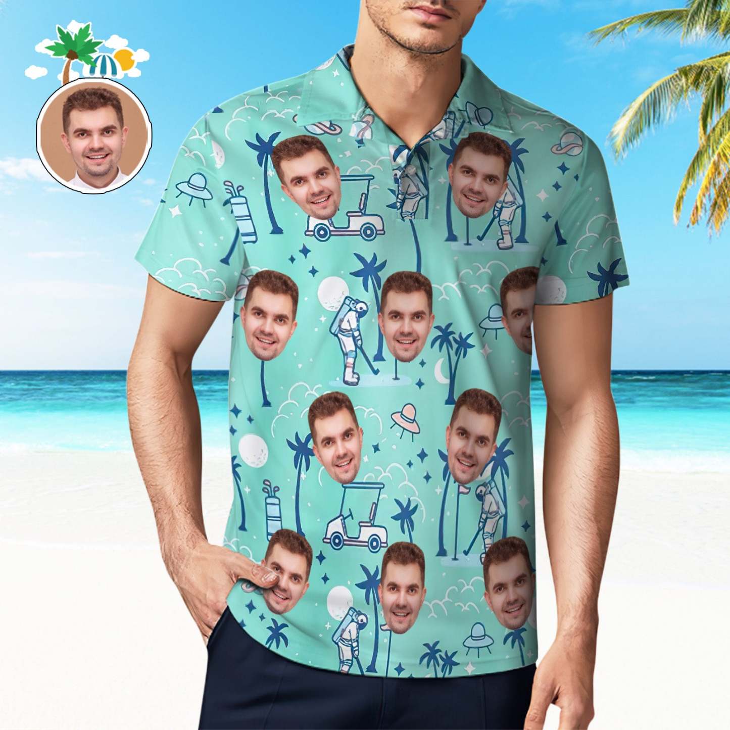 Custom Mens Face Hawaiian Polo Shirt Astronaut Golf Green Polo Shirt - MyPhotoSocksAu