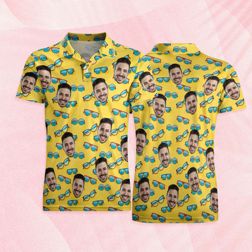 Custom Mens Face Hawaiian Polo Shirt Sunglasses Yellow Polo Shirt - MyPhotoSocksAu