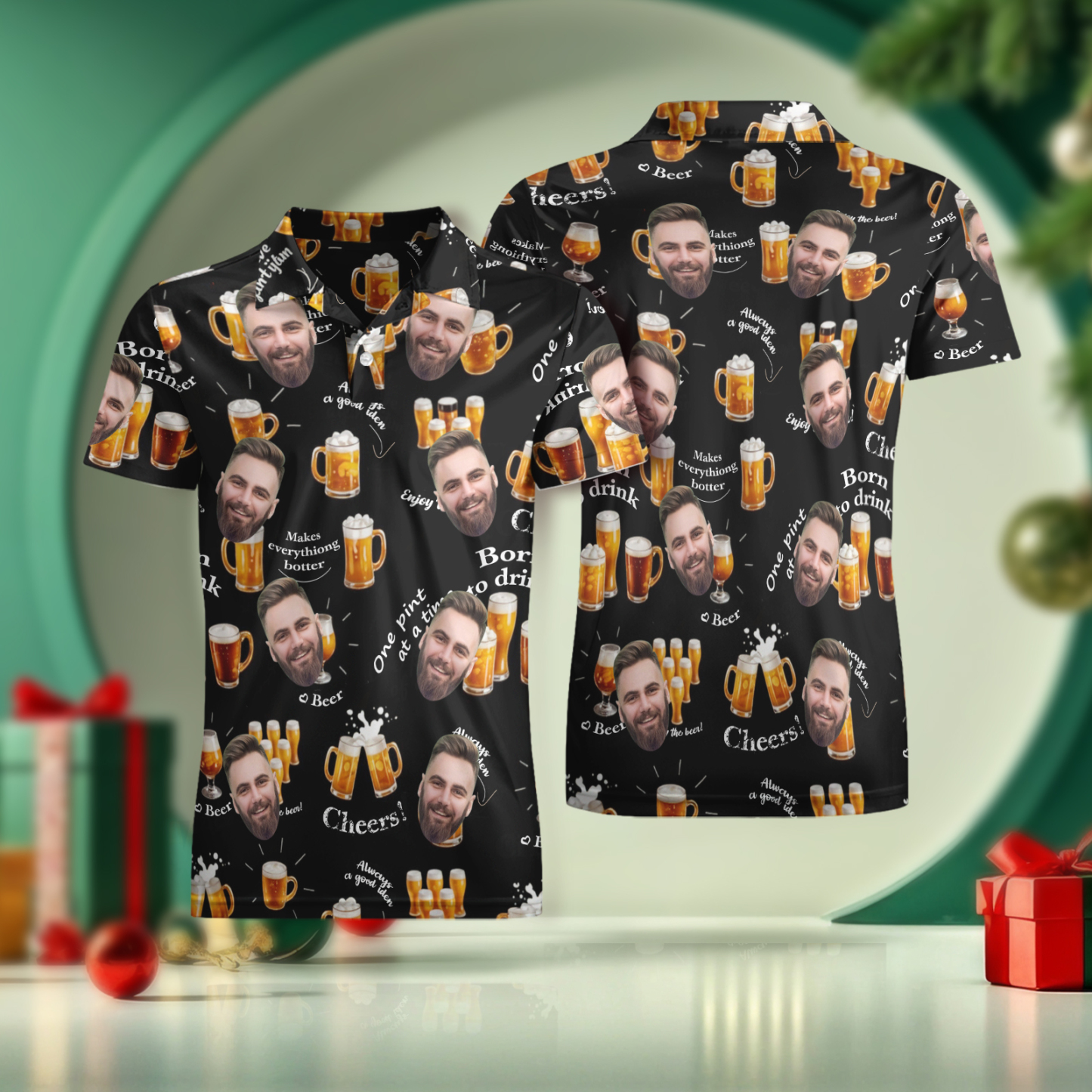 Custom Face Polo Shirt Cheer Christmas Golf Polo Shirt Beer Polo Shirt - MyPhotoSocksAu