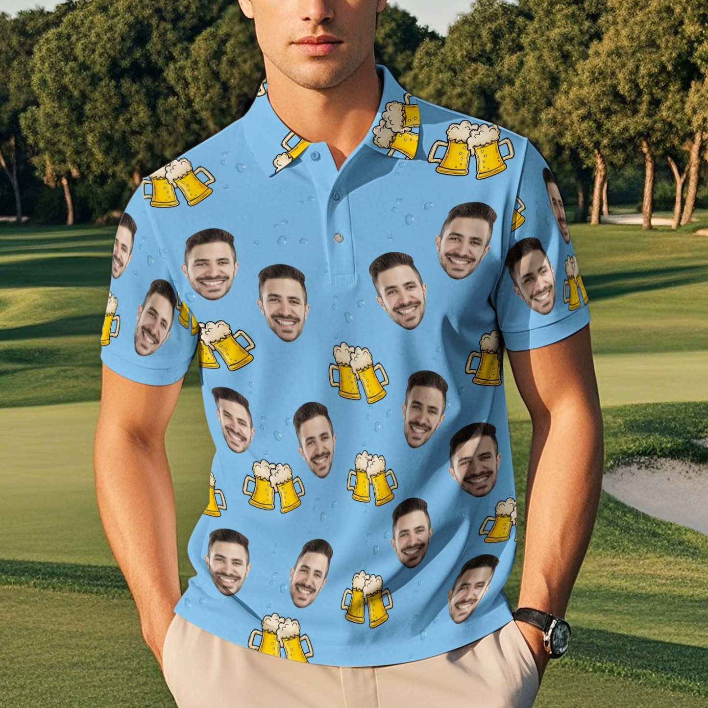 Custom Face Polo Shirt Cheers Beer Blue Polo Shirt - MyPhotoSocksAu
