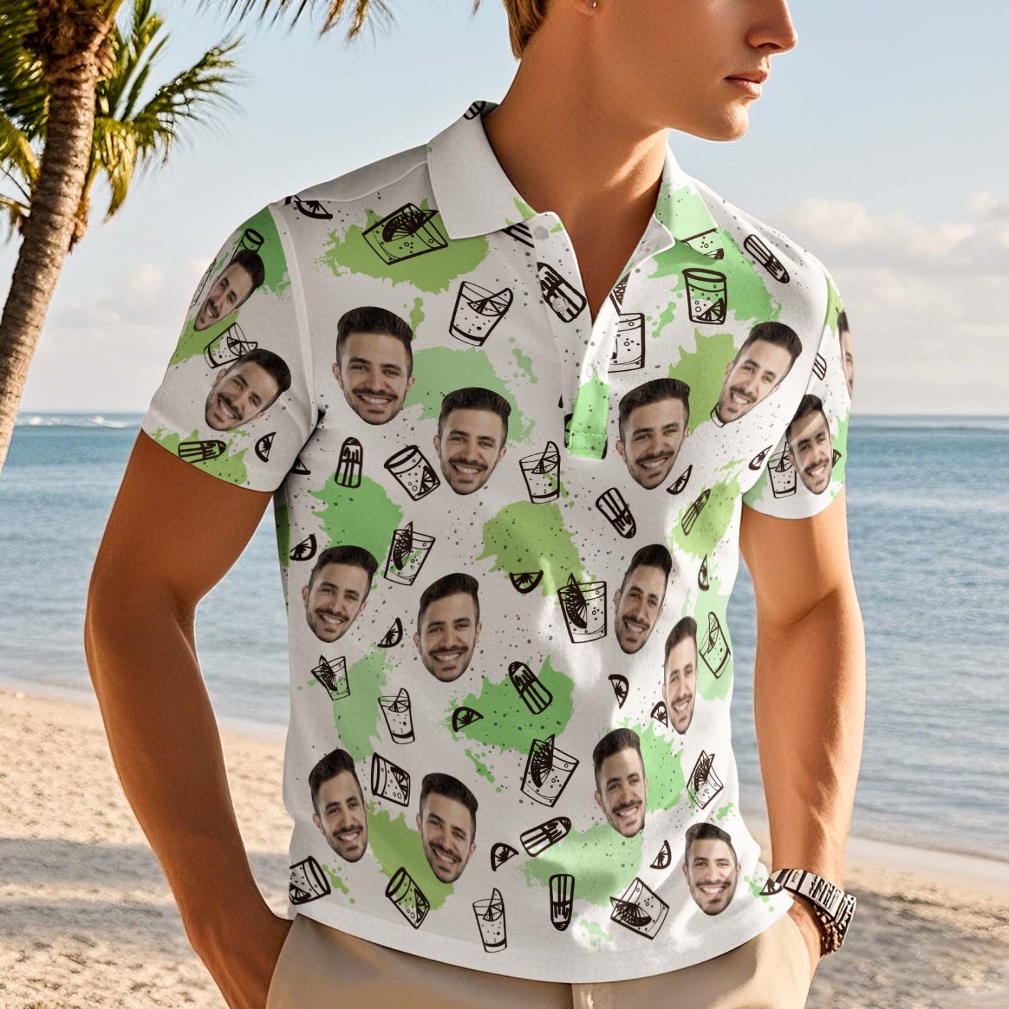 Custom Face Polo Shirt Wine Glasses Green Polo Shirt - MyPhotoSocksAu