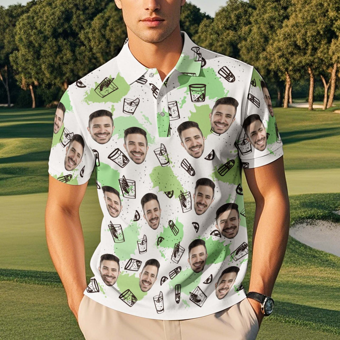 Custom Face Polo Shirt Wine Glasses Green Polo Shirt - MyPhotoSocksAu