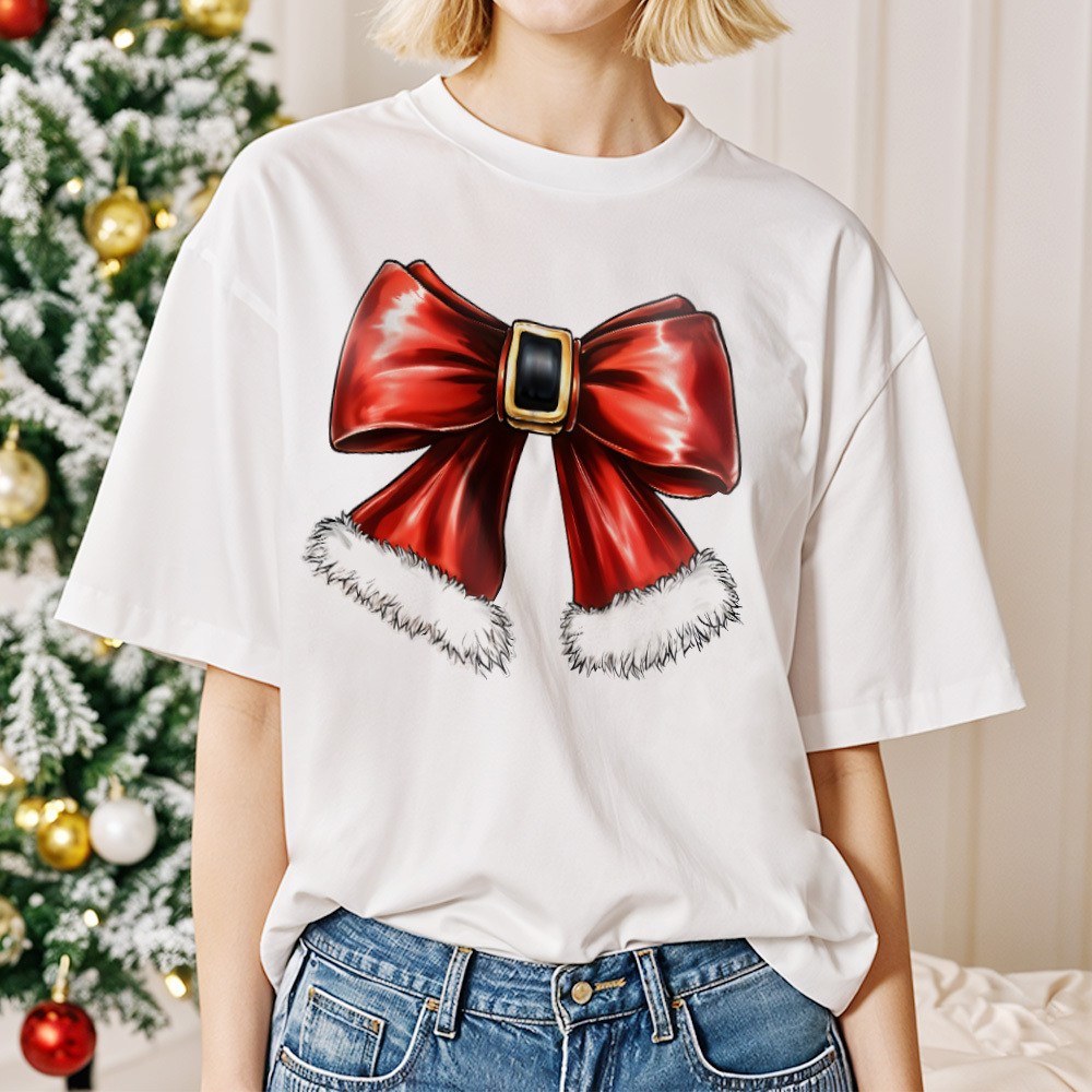 Santa with Sunglasses Funky Tee Cute Christmas Shirt Lights Pink Coquette bow - MyPhotoSocksAu