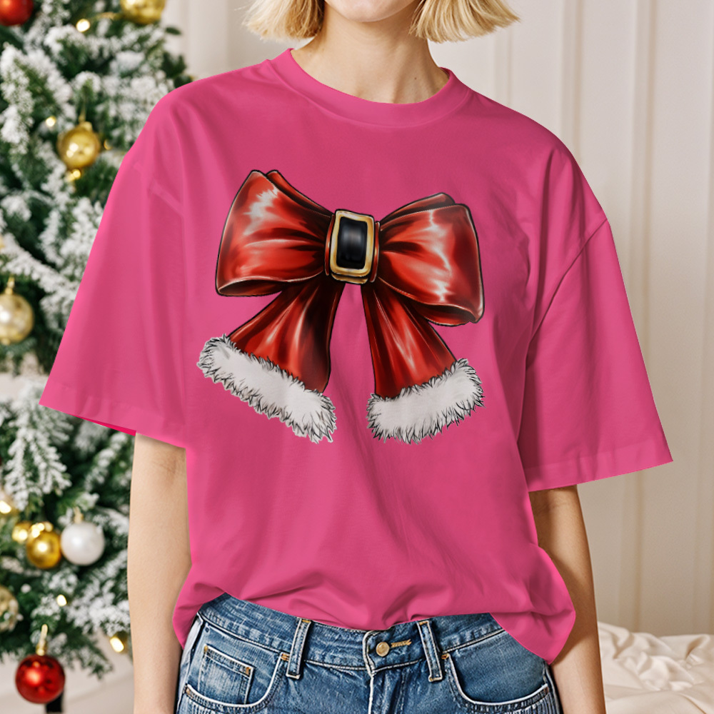 Santa with Sunglasses Funky Tee Cute Christmas Shirt Lights Pink Coquette bow - MyPhotoSocksAu