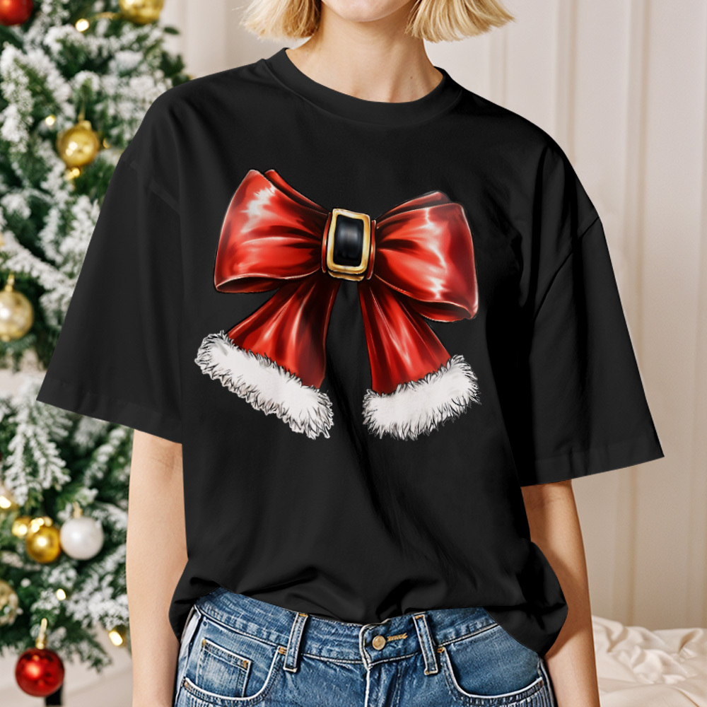 Santa with Sunglasses Funky Tee Cute Christmas Shirt Lights Pink Coquette bow - MyPhotoSocksAu