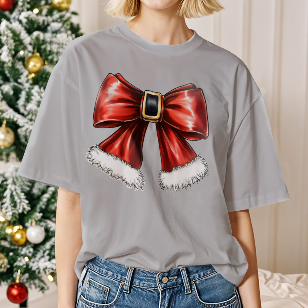Santa with Sunglasses Funky Tee Cute Christmas Shirt Lights Pink Coquette bow - MyPhotoSocksAu