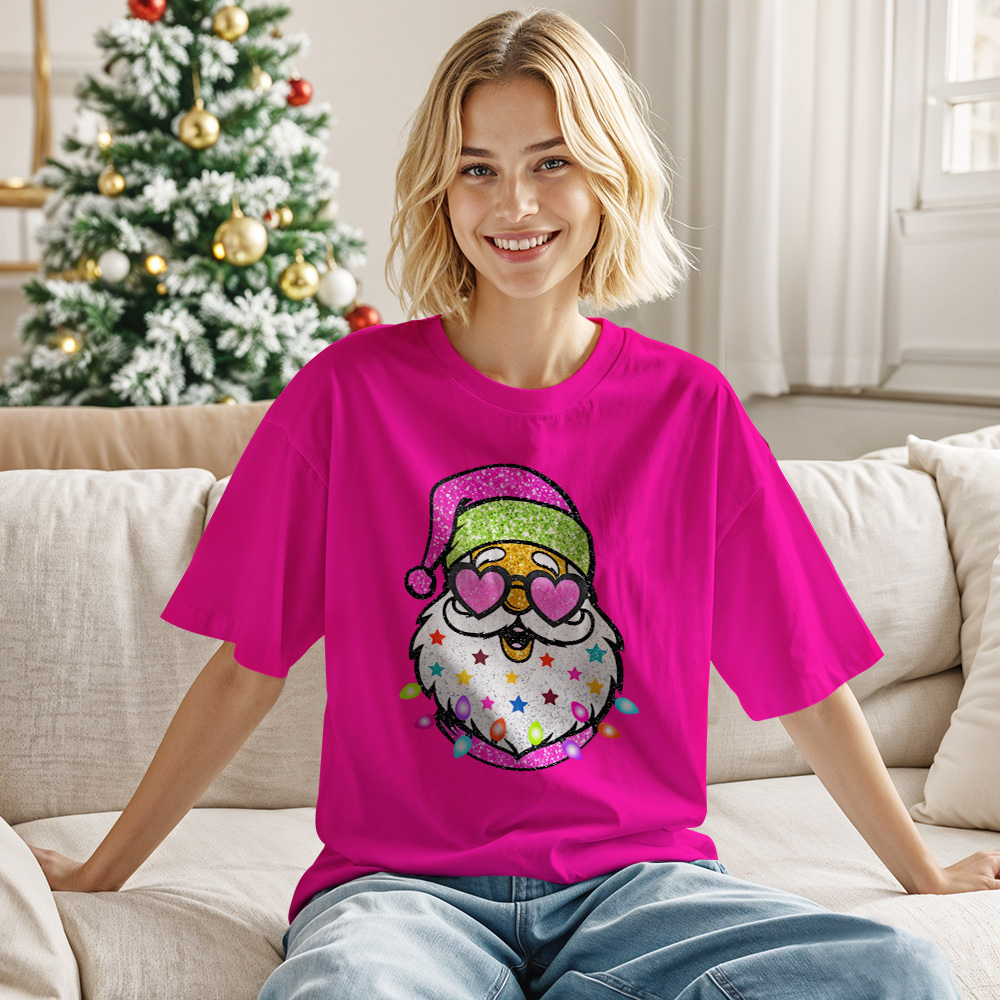 Santa with Sunglasses Funky Tee Cute Christmas Shirt Lights Pink Coquette bow - MyPhotoSocksAu