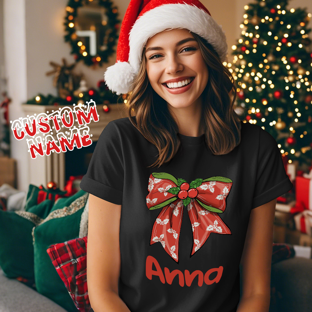 Custom Text T-shirts Christmas Bowknot T-shirt Gift for Family - MyPhotoSocksAu
