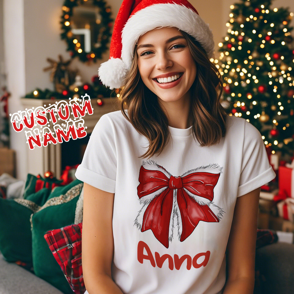 Custom Text T-shirts Christmas Bowknot T-shirt Gift for Family - MyPhotoSocksAu