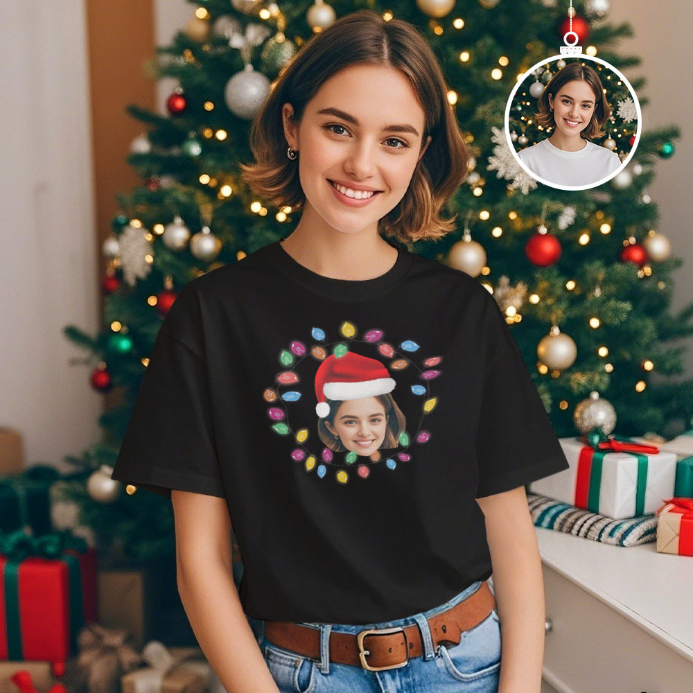 Custom Face T-shirt Santa Colorful Light Tree Tshirt Lights Xmas Funny T-Shirt - MyPhotoSocksAu