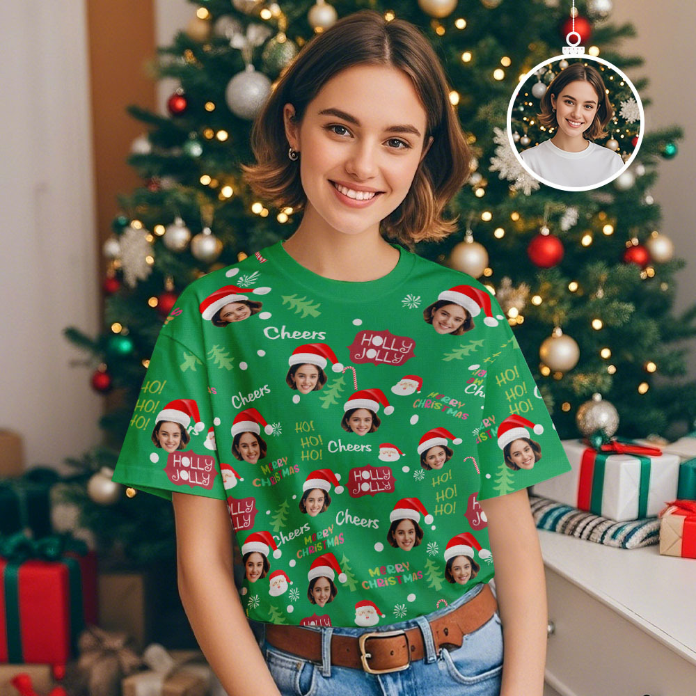 Custom Face Photo T-shirt Santa Christmas Palm Tree Lights Xmas T-Shirt - MyPhotoSocksAu