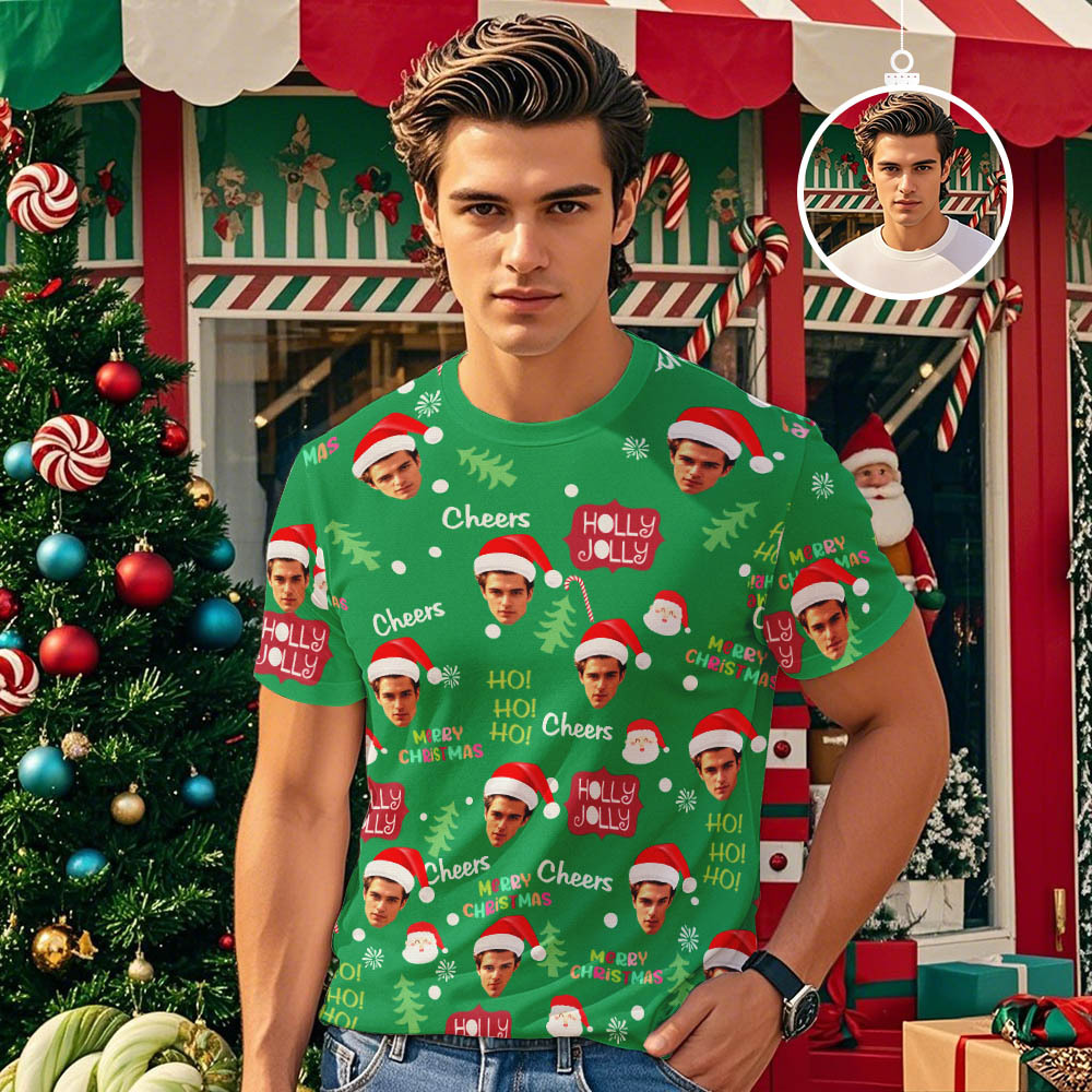 Custom Face Photo T-shirt Santa Christmas Palm Tree Lights Xmas T-Shirt - MyPhotoSocksAu