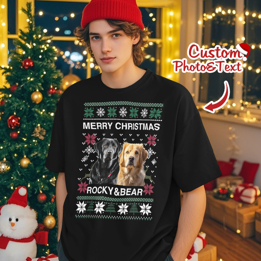 Custom Photo Christmas Dog Shirt Dog Lover Personalized Christmas Photo T-shirt - MyPhotoSocksAu