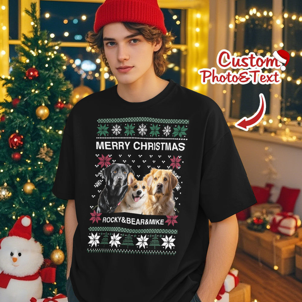 Custom Photo Christmas Dog Shirt Dog Lover Personalized Christmas Photo T-shirt - MyPhotoSocksAu