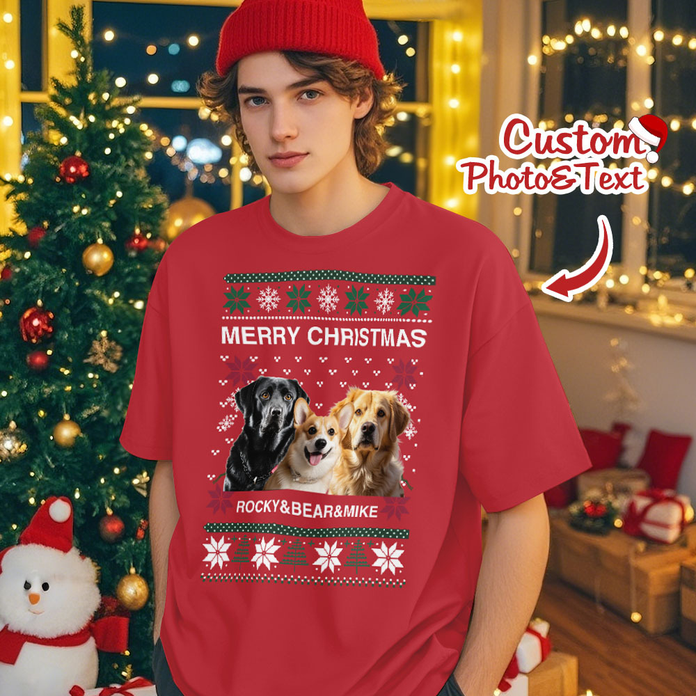 Custom Photo Christmas Dog Shirt Dog Lover Personalized Christmas Photo T-shirt - MyPhotoSocksAu