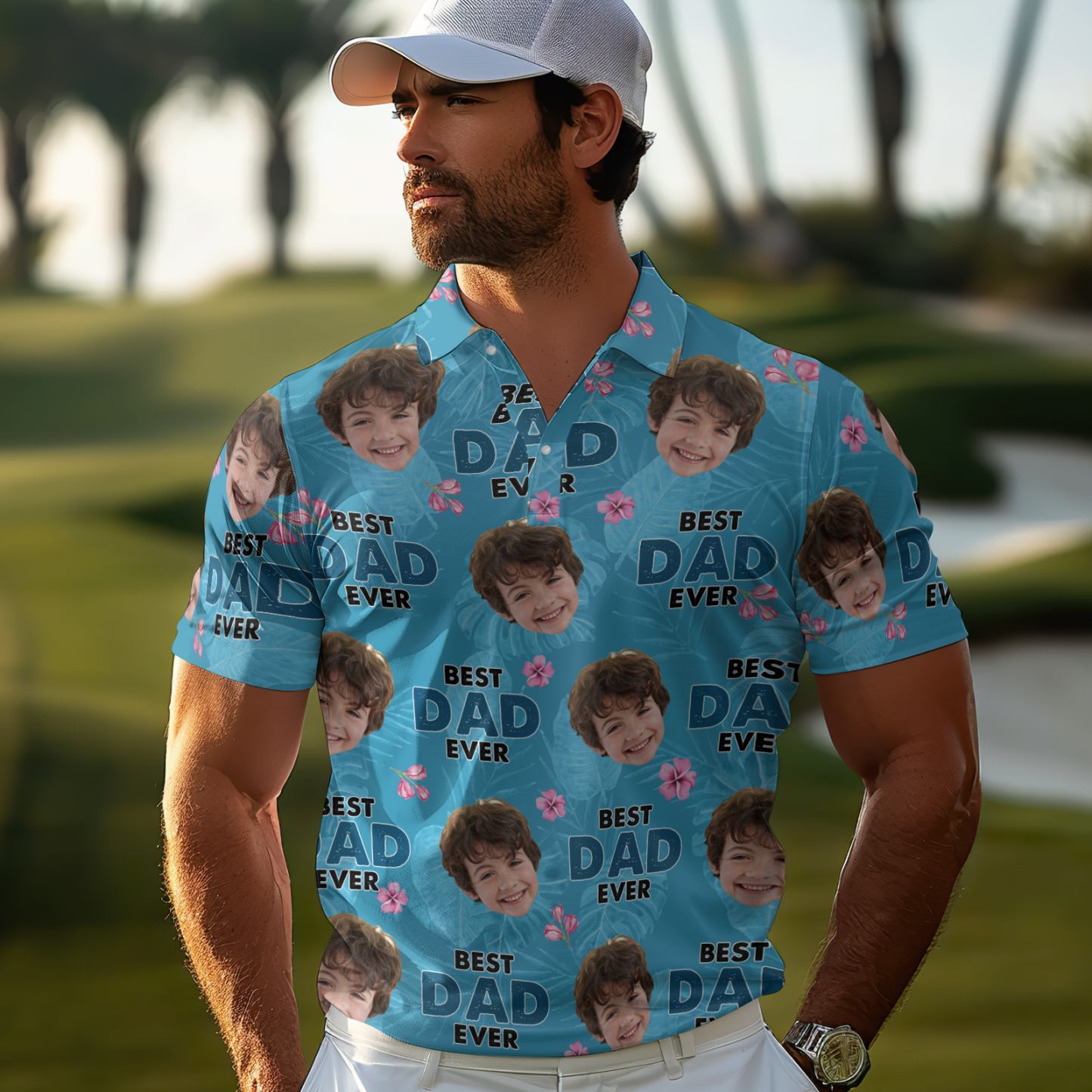 Custom Face Polo Hawaiian Blue Golf Polo Shirt Dad Beard Men's Polo Shirt Fathers Day Gift - MyPhotoSocksAu