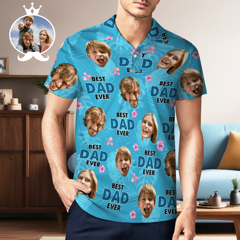Custom Face Polo Hawaiian Blue Golf Polo Shirt Best Dad Ever Men's Polo Shirt Fathers Day Gift - MyPhotoSocksAu