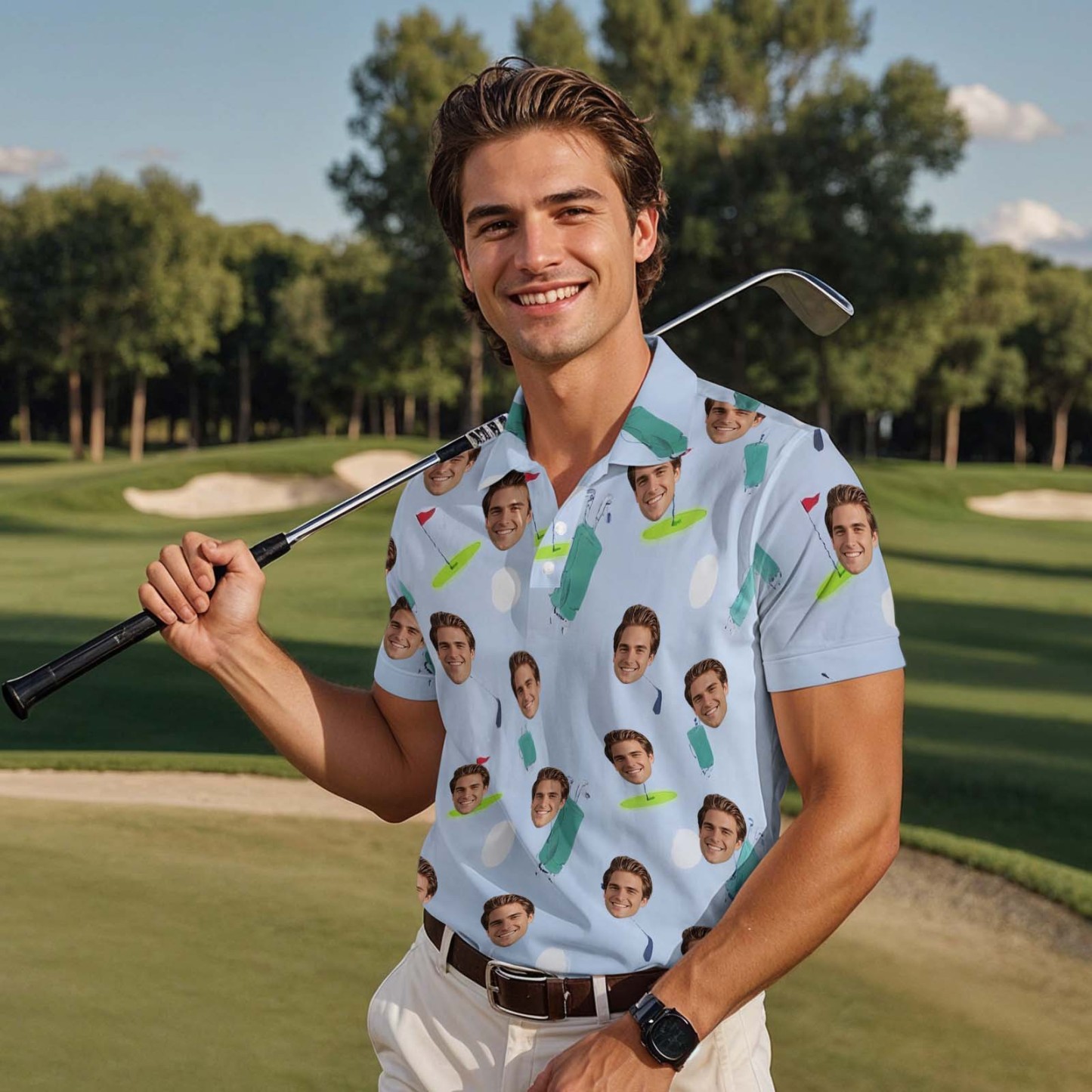 Custom Face Polo Shirt for Golfer Face on Shirt Gifts for Husband Personalized Golf Course Green Short Sleeve Golf Shirt - MyPhotoSocksAu