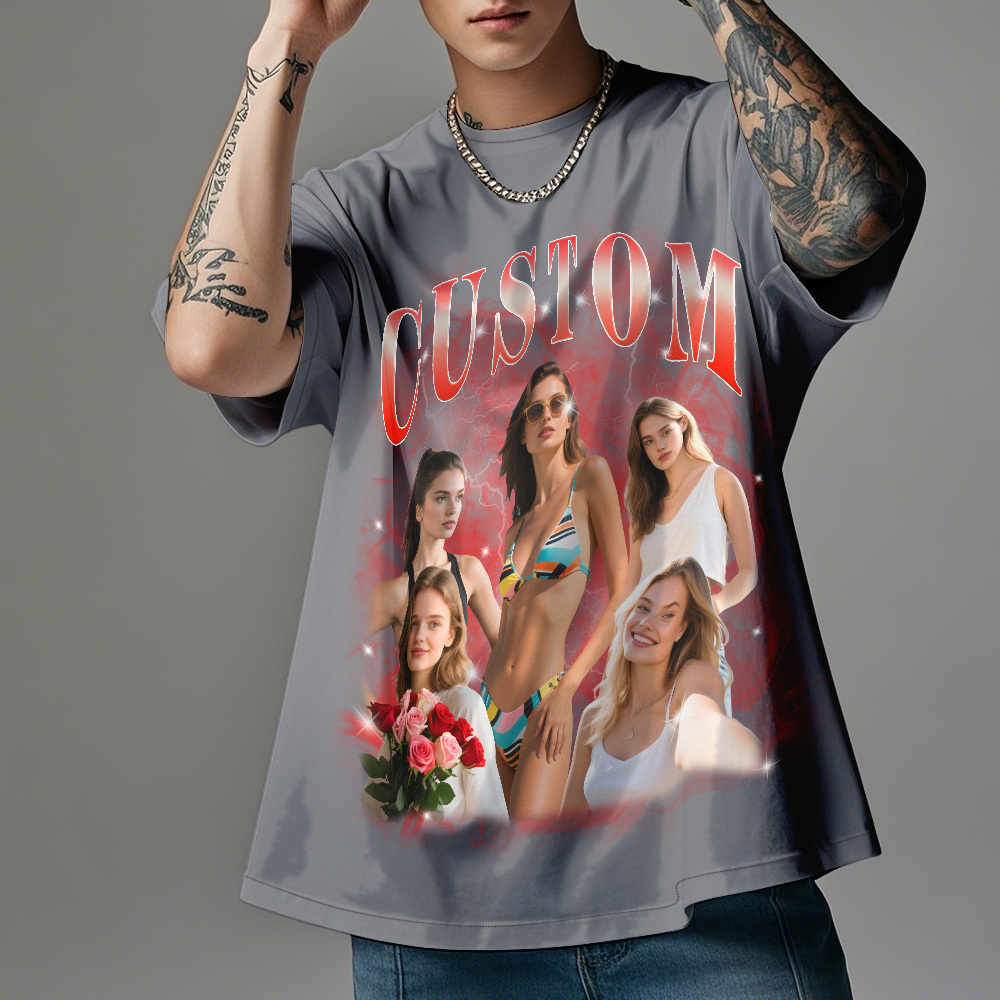 Custom Photo Vintage Tee Personalized Full Body Name T-shirt Gift For Lover - MyPhotoSocksAu
