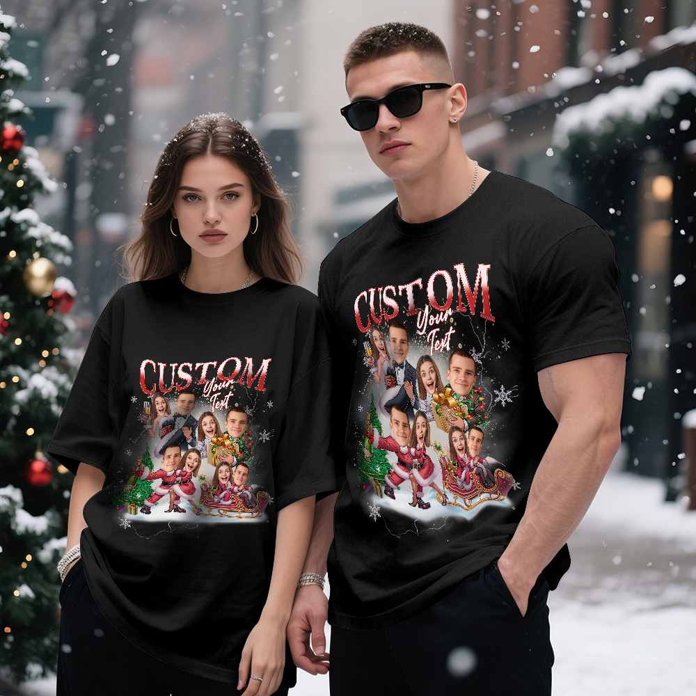 Custom Couple Portrait T-Shirt  Personalized Face Tee Matching Christmas Gift for Lovers - MyPhotoSocksAu