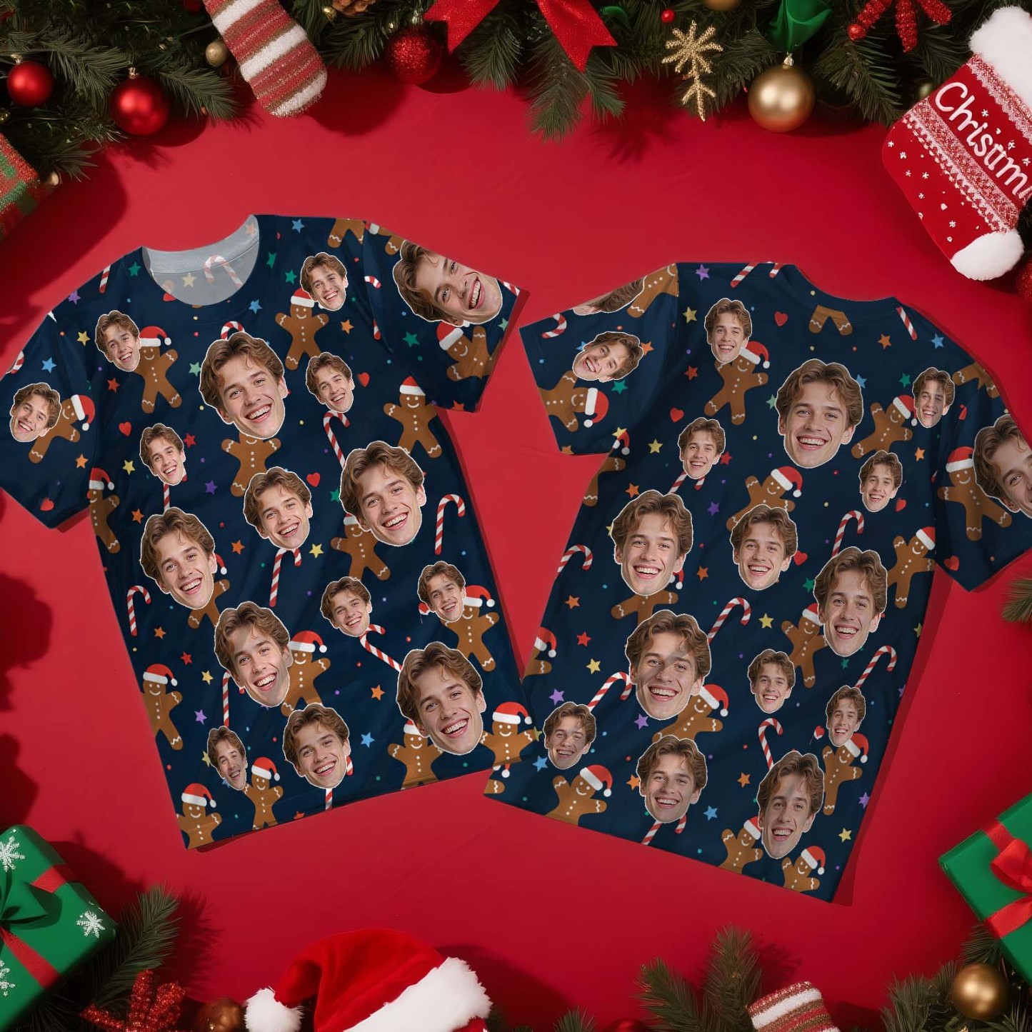 Custom Christmas T-Shirt with Photo Gingerbread Design Personalized Holiday Tee for Family Friends Couples Christmas Gift - MyPhotoSocksAu