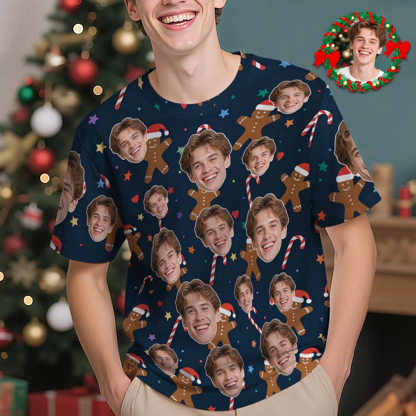 Custom Christmas T-Shirt with Photo Gingerbread Design Personalized Holiday Tee for Family Friends Couples Christmas Gift - MyPhotoSocksAu