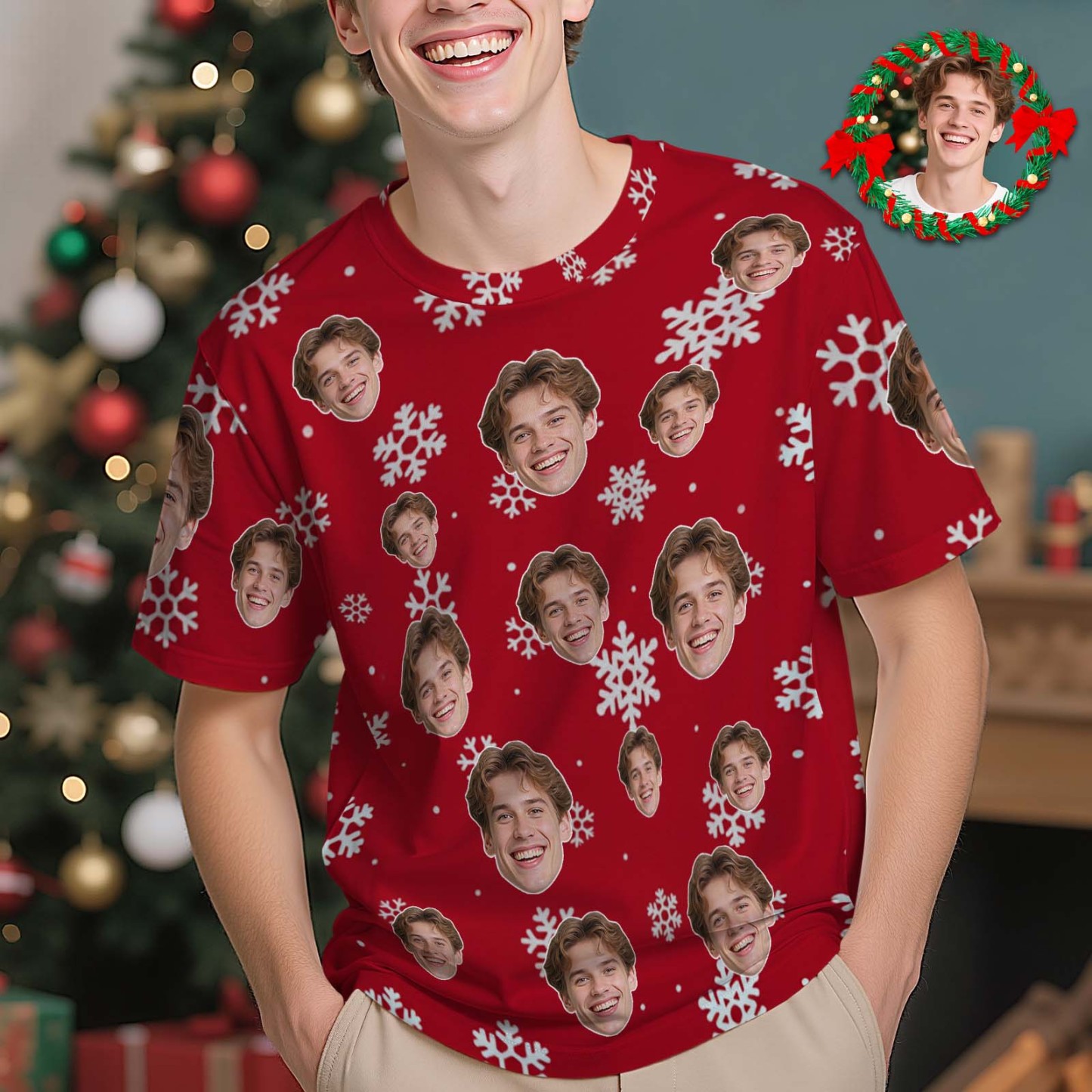 Custom Christmas T-Shirt with Photo Red Snowflakes Santa Claus Personalized Holiday Tee for Family Friends Couples Christmas Gift - MyPhotoSocksAu