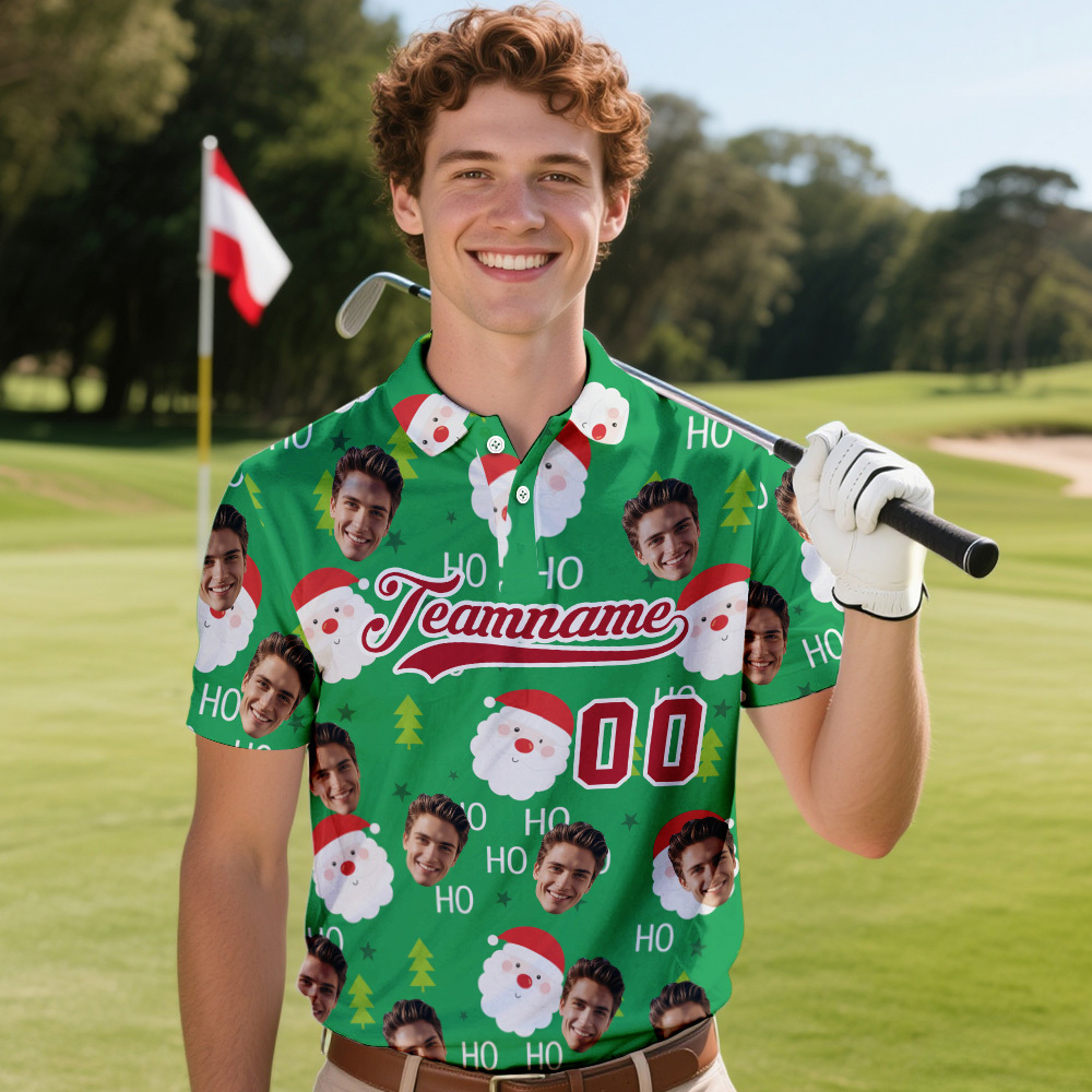 Custom Face and Text Green Red-White Christmas Santa Claus Performance Golf Polo Shirt - MyPhotoSocksAu