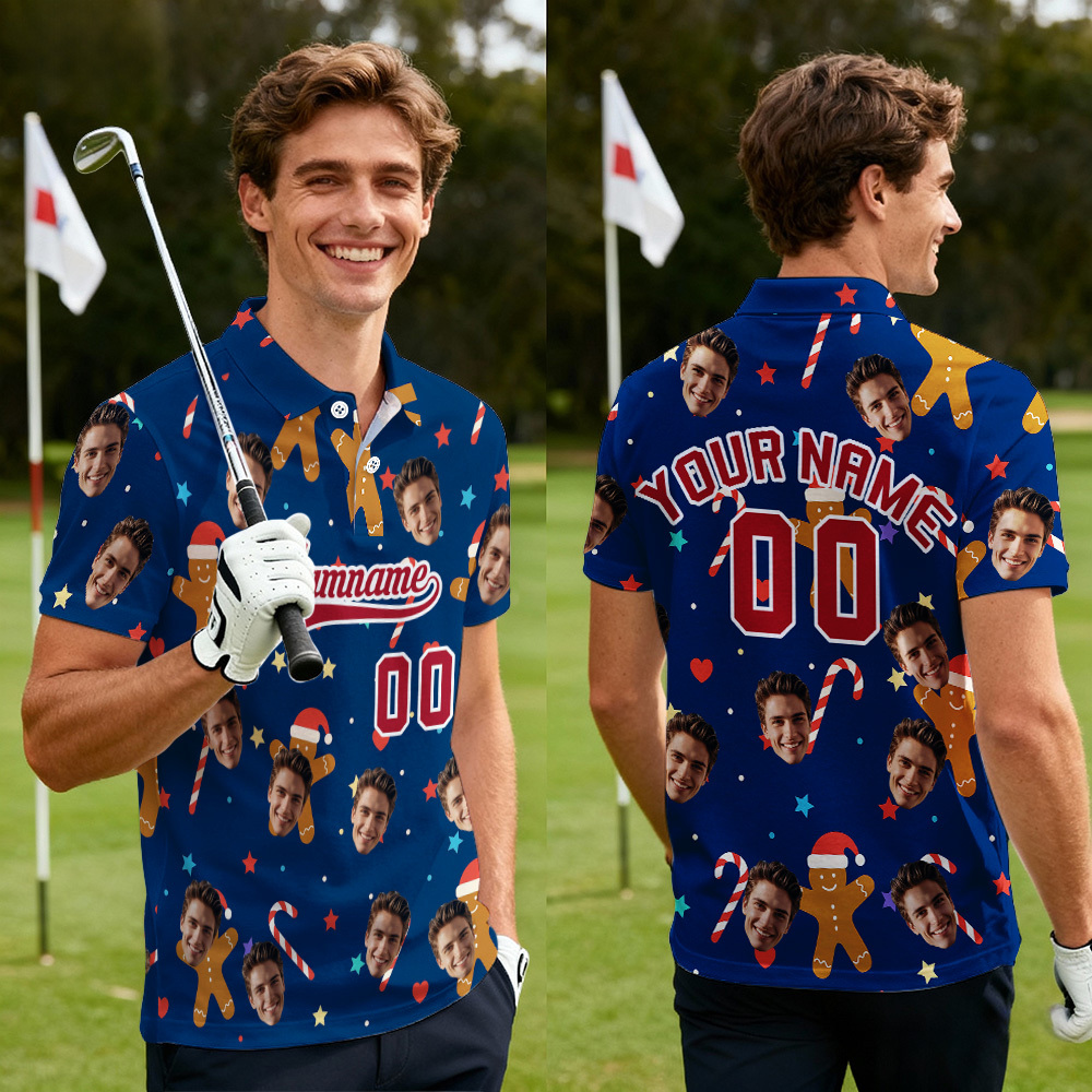 Custom Face and Text Blue Ginger Man Christmas Polo Christmas Santa Claus Performance Golf Polo Shirt - MyPhotoSocksAu