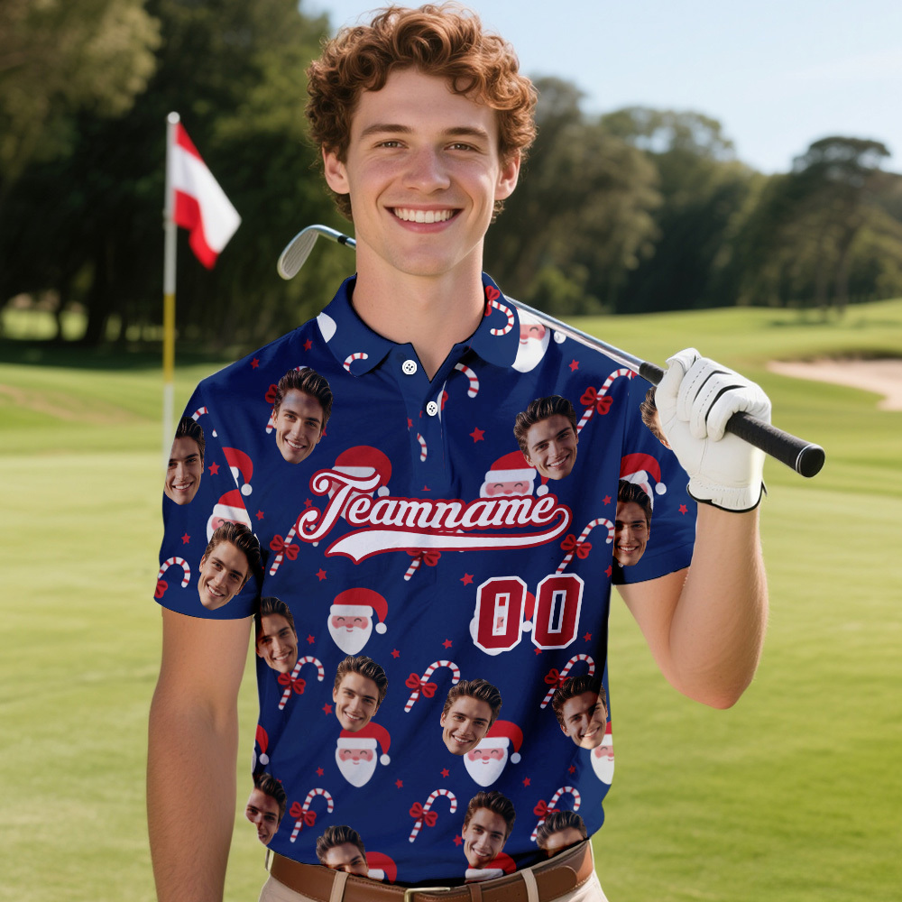 Custom Face and Text Blue Christmas Santa Claus Performance Golf Polo Shirt - MyPhotoSocksAu