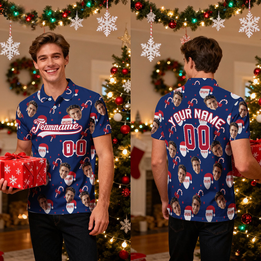 Custom Face and Text Blue Christmas Santa Claus Performance Golf Polo Shirt - MyPhotoSocksAu