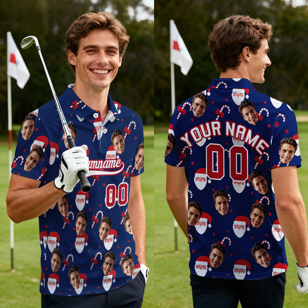 Custom Face and Text Blue Christmas Santa Claus Performance Golf Polo Shirt - MyPhotoSocksAu