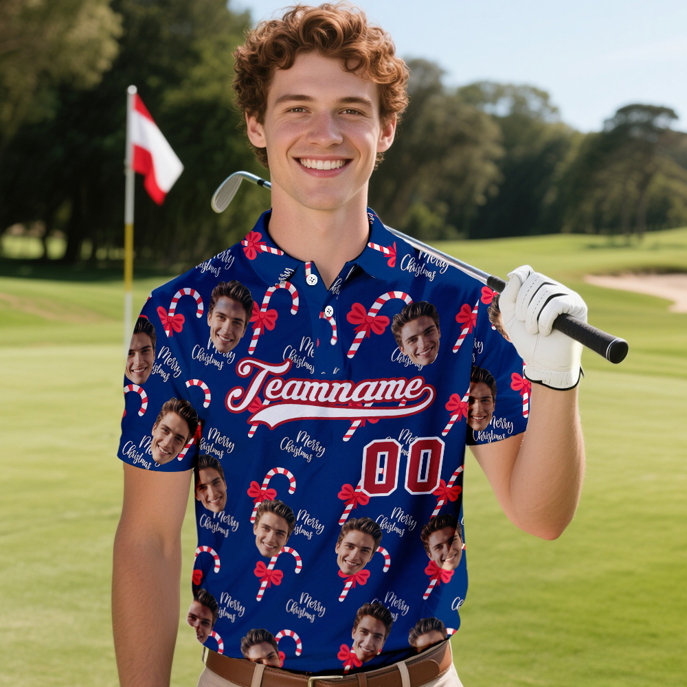 Custom Face and Text Blue Christmas Santa Claus Performance Golf Polo Shirt - MyPhotoSocksAu