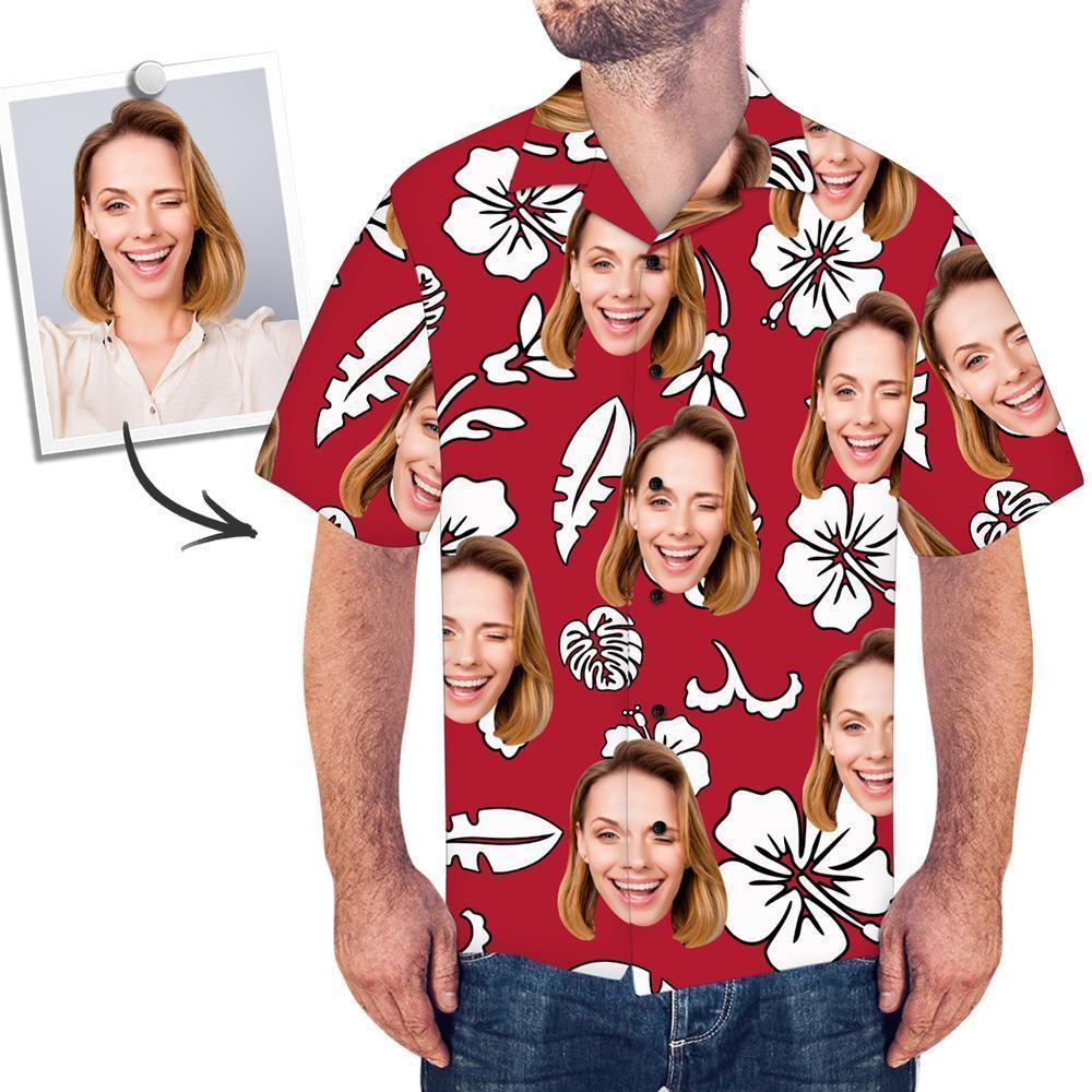 Custom Face Red Hawaiian Shirt Flowers And Leaves - MyPhotoSocksAU