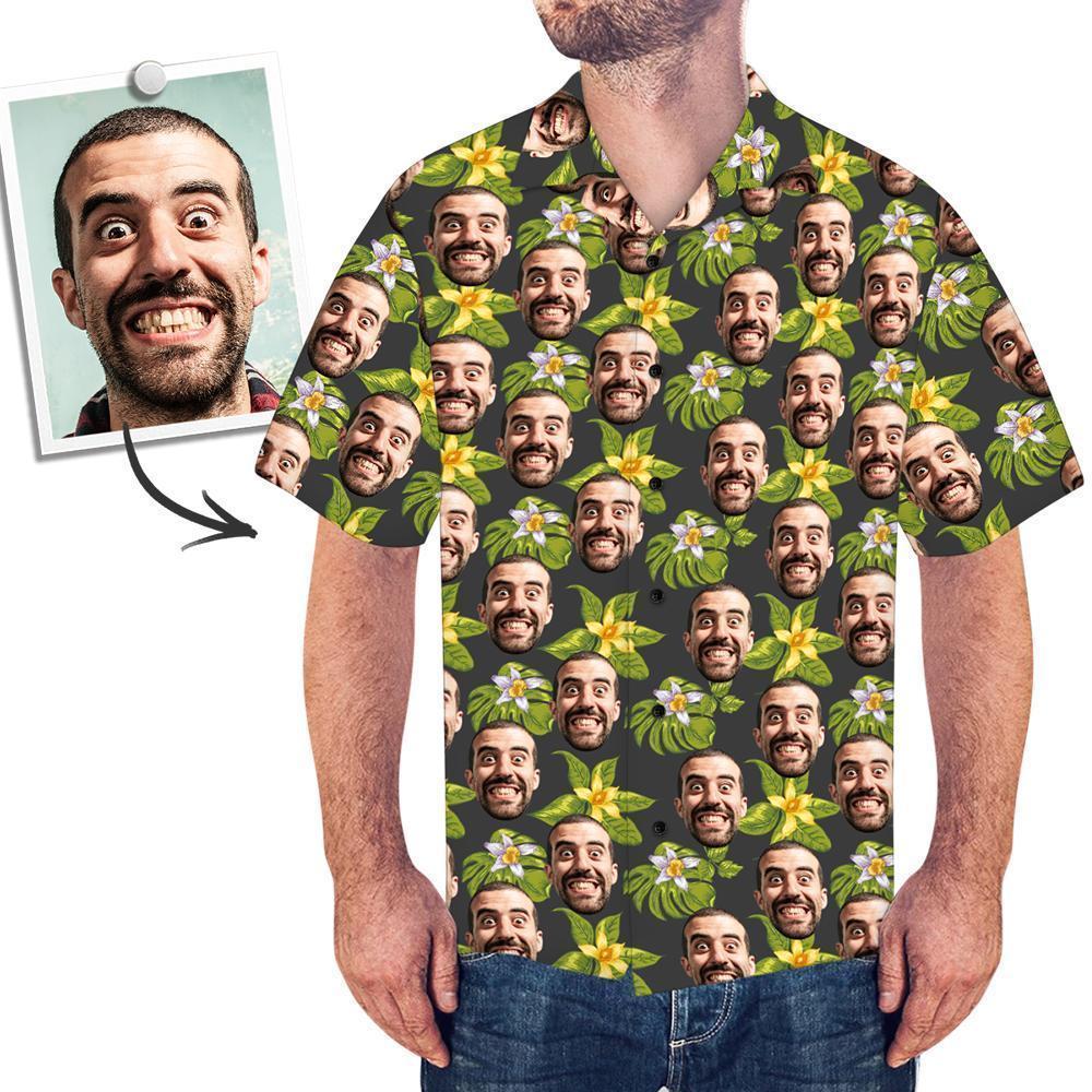 Custom Face Men's Hawaiian Shirt Green Flowers - MyPhotoSocksAU