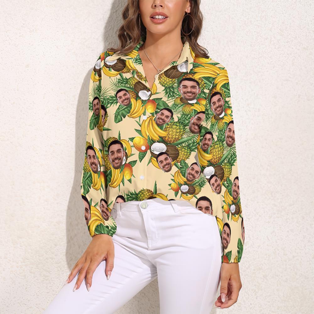 Custom Pet Face Hawaiian Shirts Tropical Fruit Long Sleeves Hawaiian Shirts for Women - My Photo Socks AU