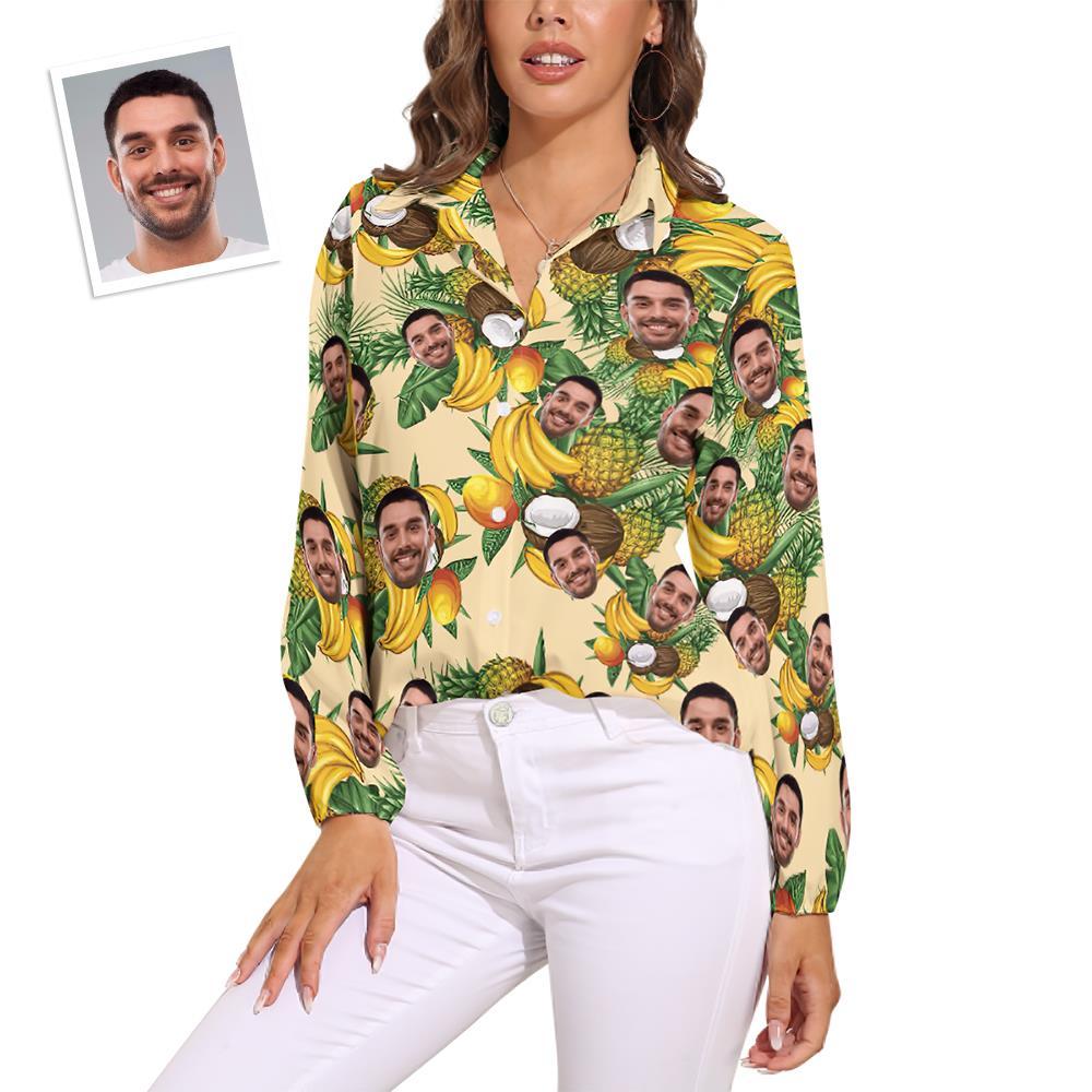 Custom Pet Face Hawaiian Shirts Tropical Fruit Long Sleeves Hawaiian Shirts for Women - My Photo Socks AU