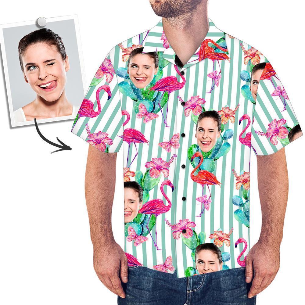 Custom Face All Over Print Stripe Hawaiian Shirt Flamingo - MyPhotoSocksAU