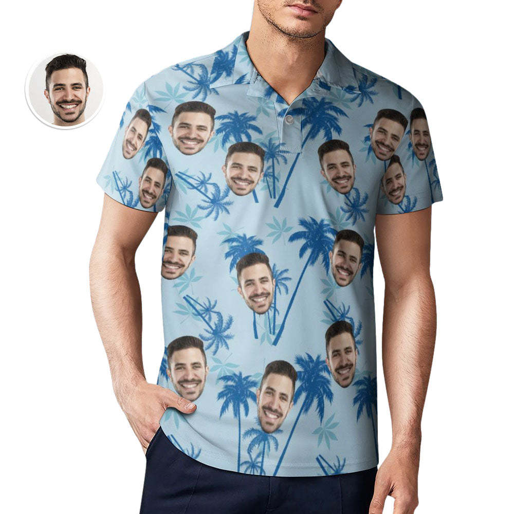 Men's Custom Face Polo Shirt Personalized Light Blue Hawaiian Golf Shirts