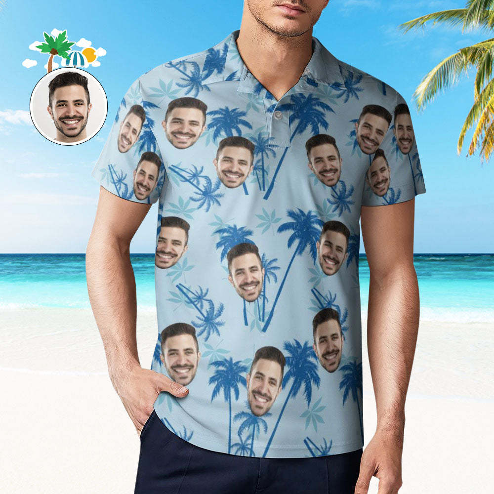 Men's Custom Face Polo Shirt Personalized Light Blue Hawaiian Golf Shirts - My Photo Socks AU